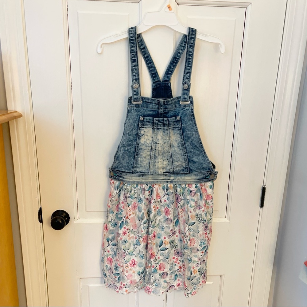 Jordache Blue Denim Overalls Floral Dress - Picture 1 of 5
